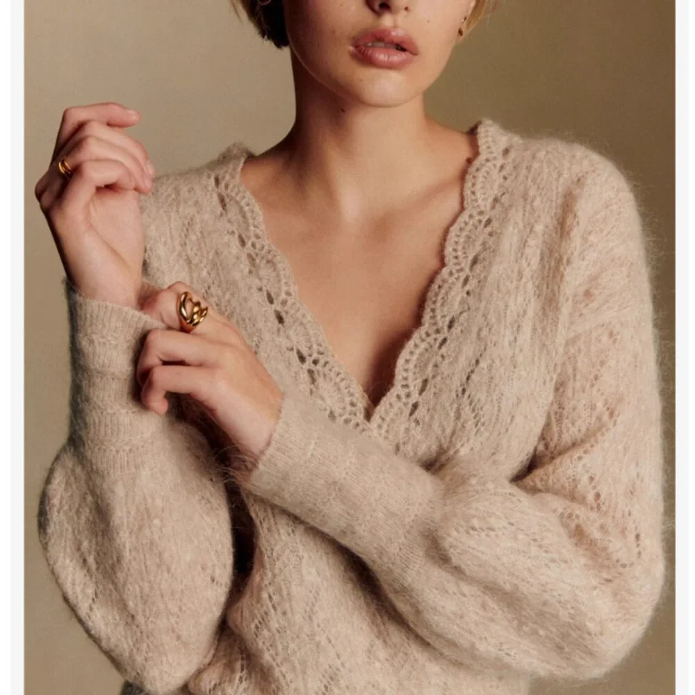 BEST Sezane Nathalia Jumper Small Mottled Beige Sweater V-Neck Wool French Causa_3
